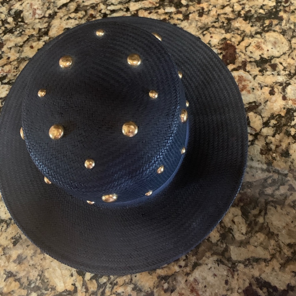 Vintage Importina Women’s Black Straw Wide Brim Hat w/Gold Beads Foley’s